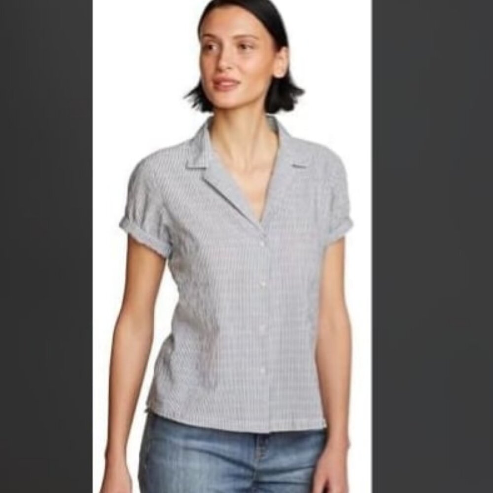 NWT EDDIE BAUER Short Sleeve Stripe Packable Camp Shirt Marina XL